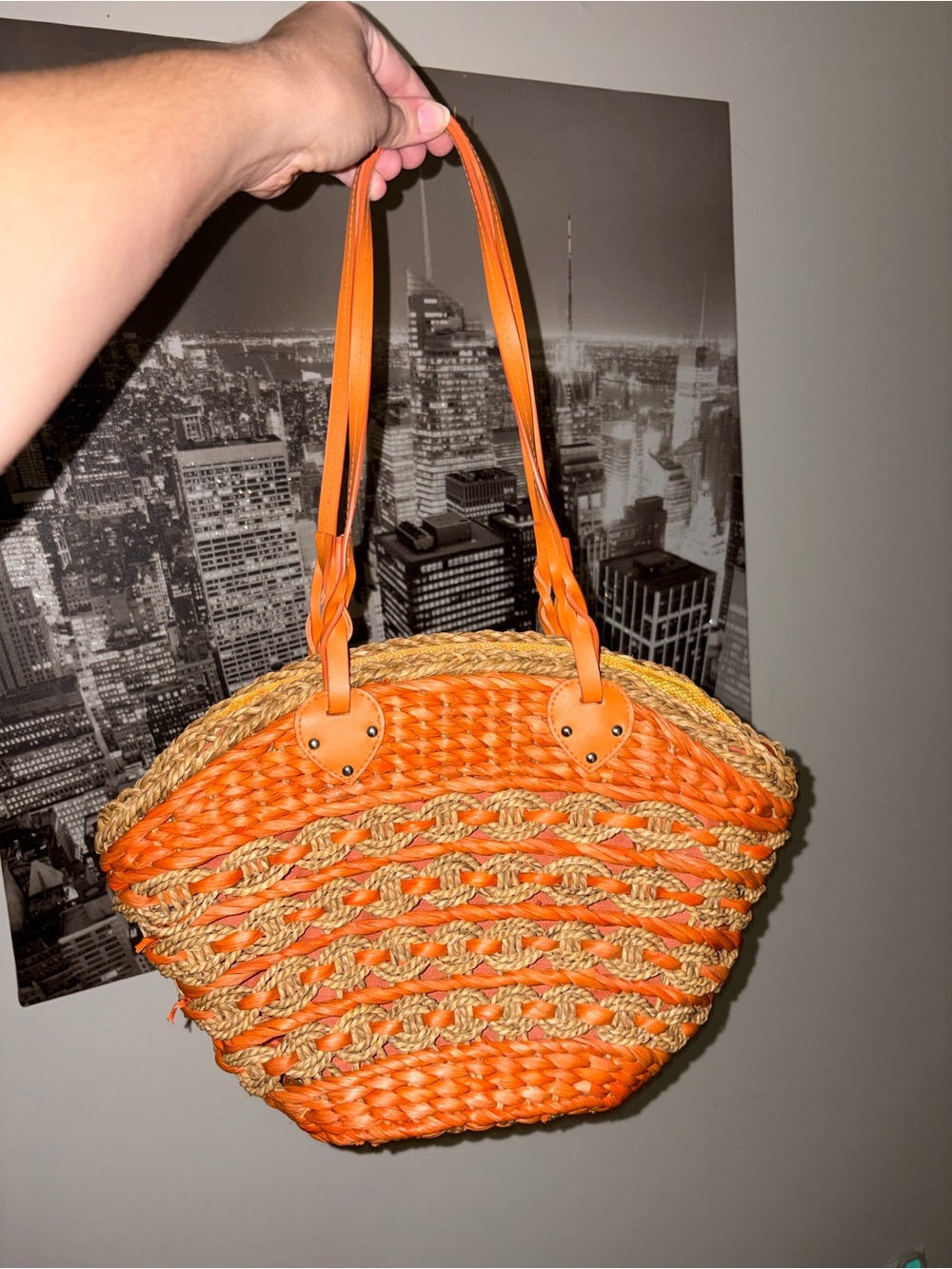 Orange Woven Straw Tote Shoulder Bag